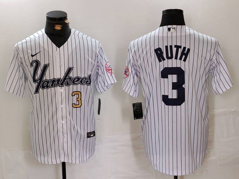 Men New York Yankees 3 Ruth White stripe Three generations of joint names Nike 2024 MLB Jersey style 2